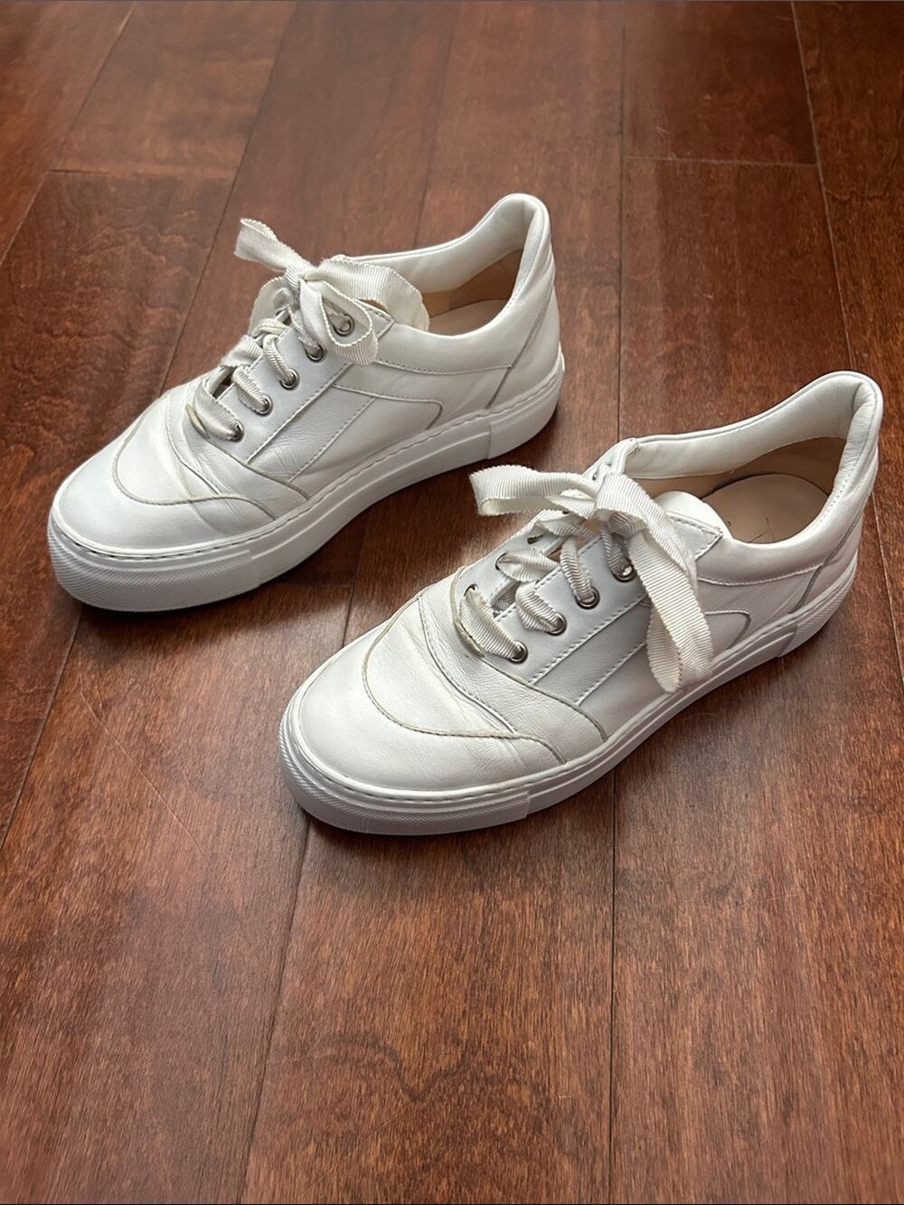 AGL Minos Platform White Leather Ribbon-Lace Sneakers, Size 6.5 (36.5)